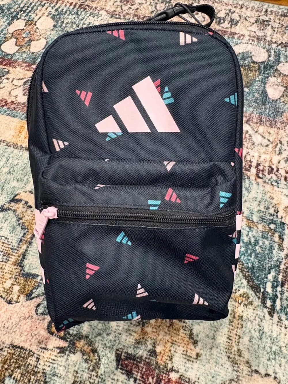 NWT adidas Santiago 3 Black Lunch Bag with Pink and Teal Logo Accents